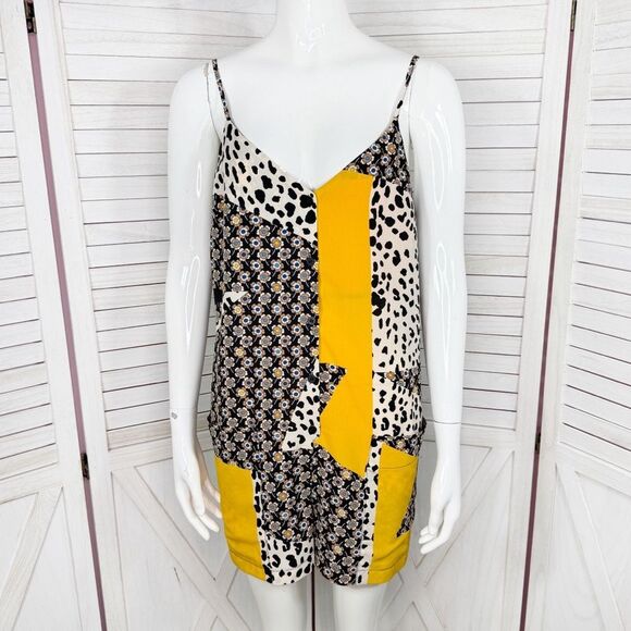 Topshop Patchwork Floral Animal Print Crepe Romper Yellow Black 6 - Picture 2 of 14